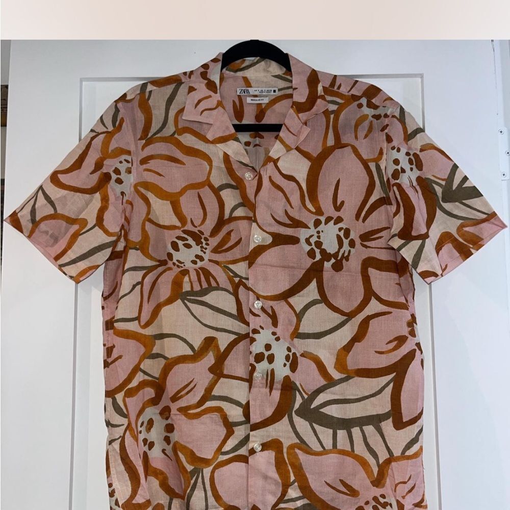 Zara Men’s Pink Brown Floral Shirt | Short Sleeve Button Up | Casual Summer Shir